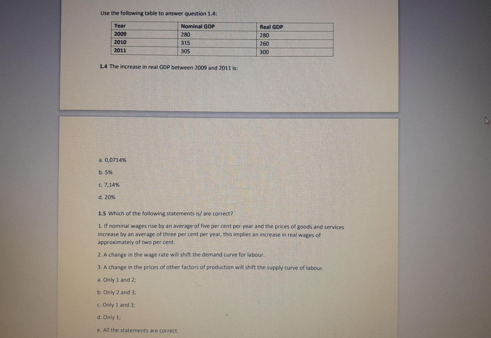 Use the following table to answer question 1.4: Nominal GDP 280 315