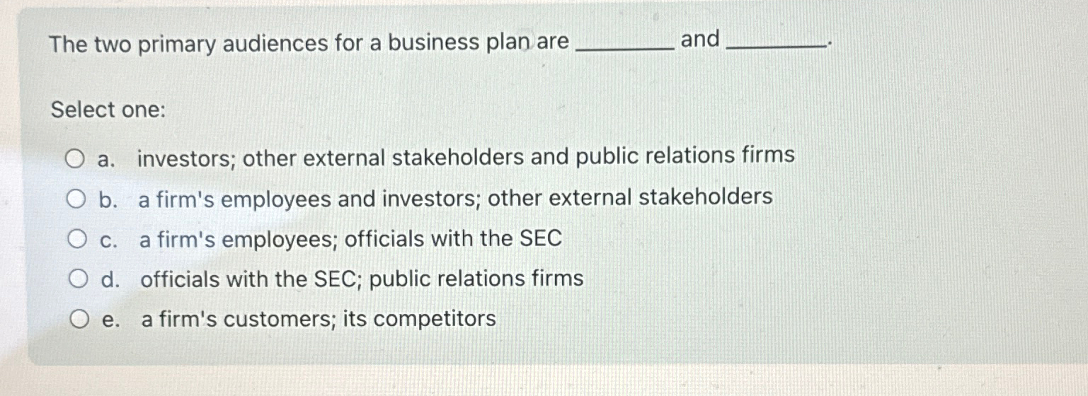  The two primary audiences for a business plan are and Select