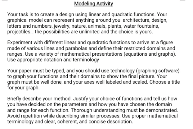 Please design any graphical model using linear and quadratic function. Modeling Activity