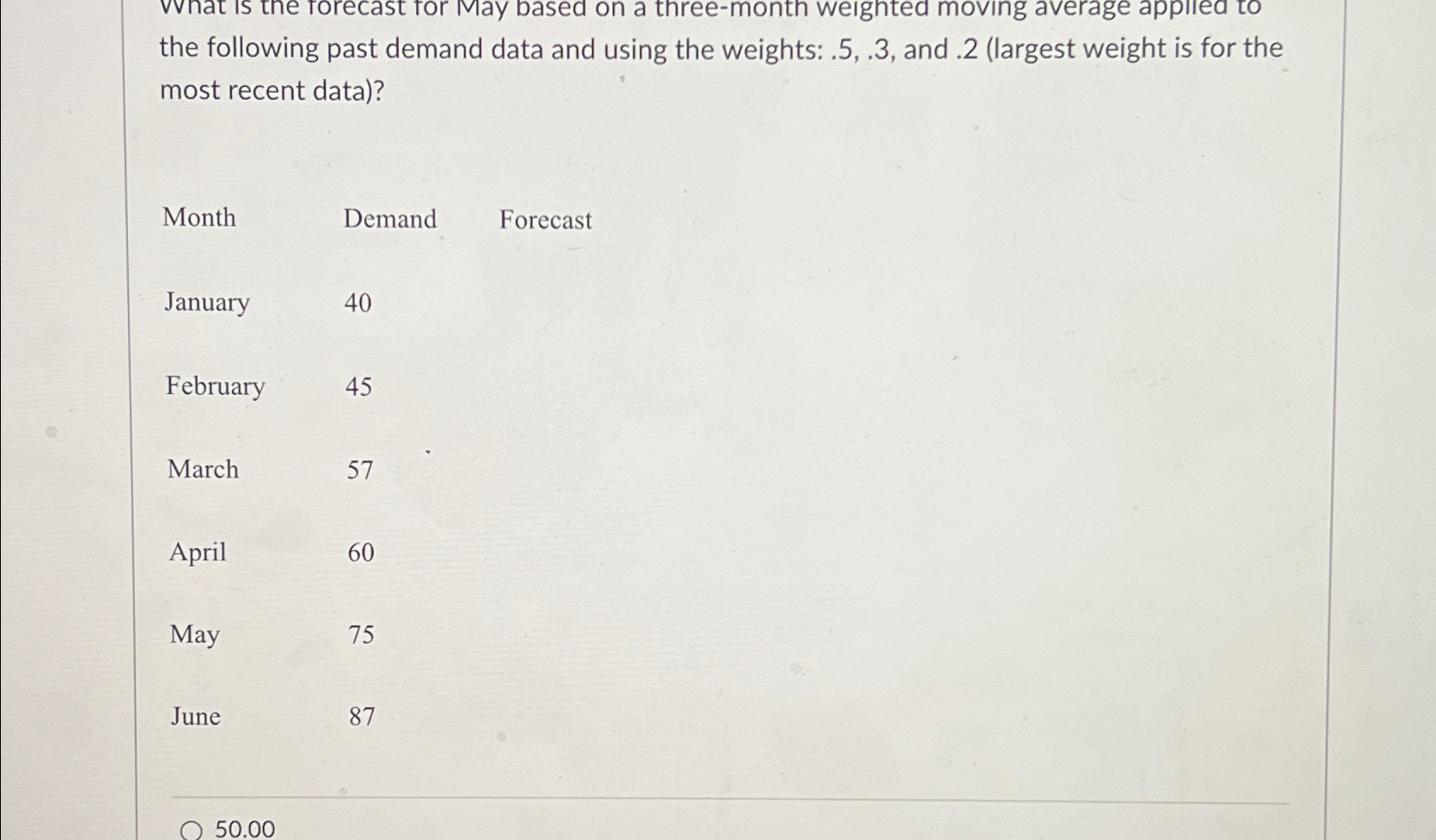  the following past demand data and using the weights: .5,.3, and