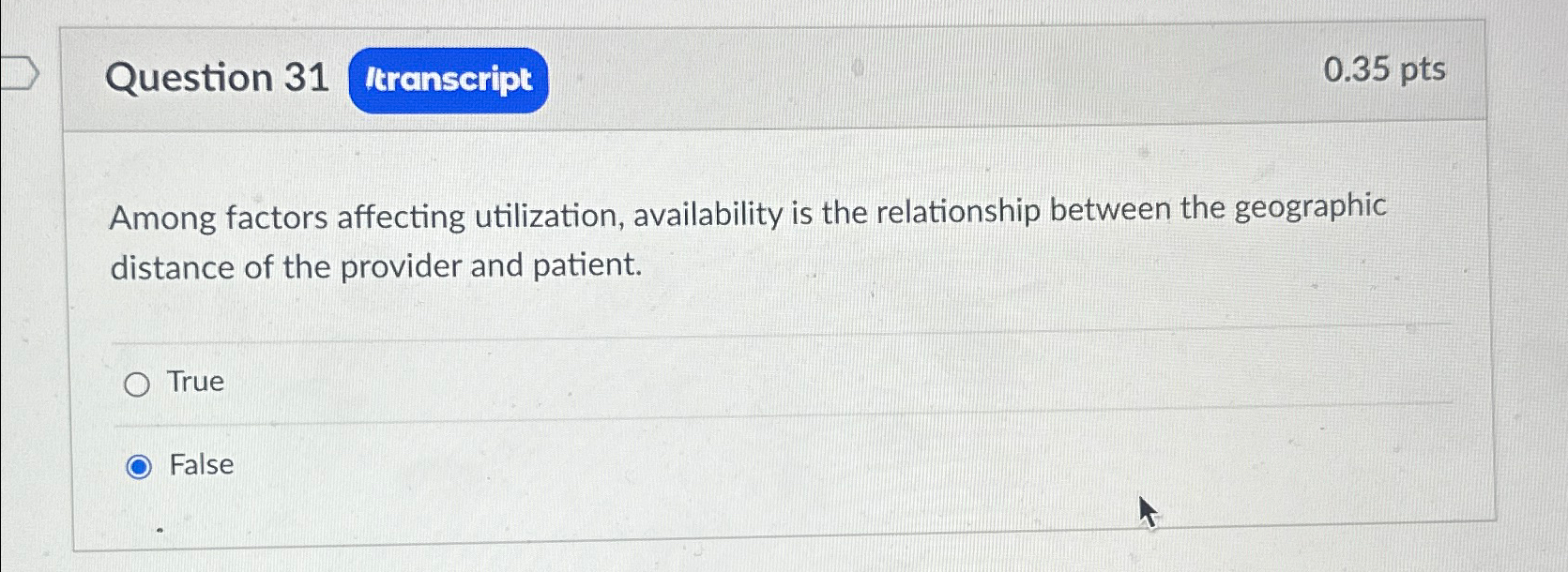  Question 31 0.35pts Among factors affecting utilization, availability is the relationship