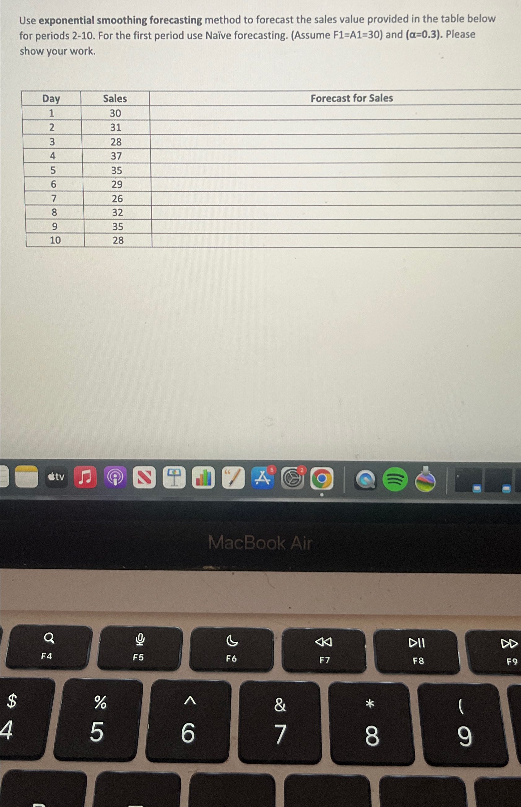  Use exponential smoothing forecasting method to forecast the sales value provided