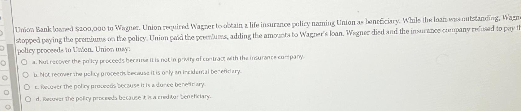  Union Bank loaned $200,000 to Wagner. Union required Wagner to obtain