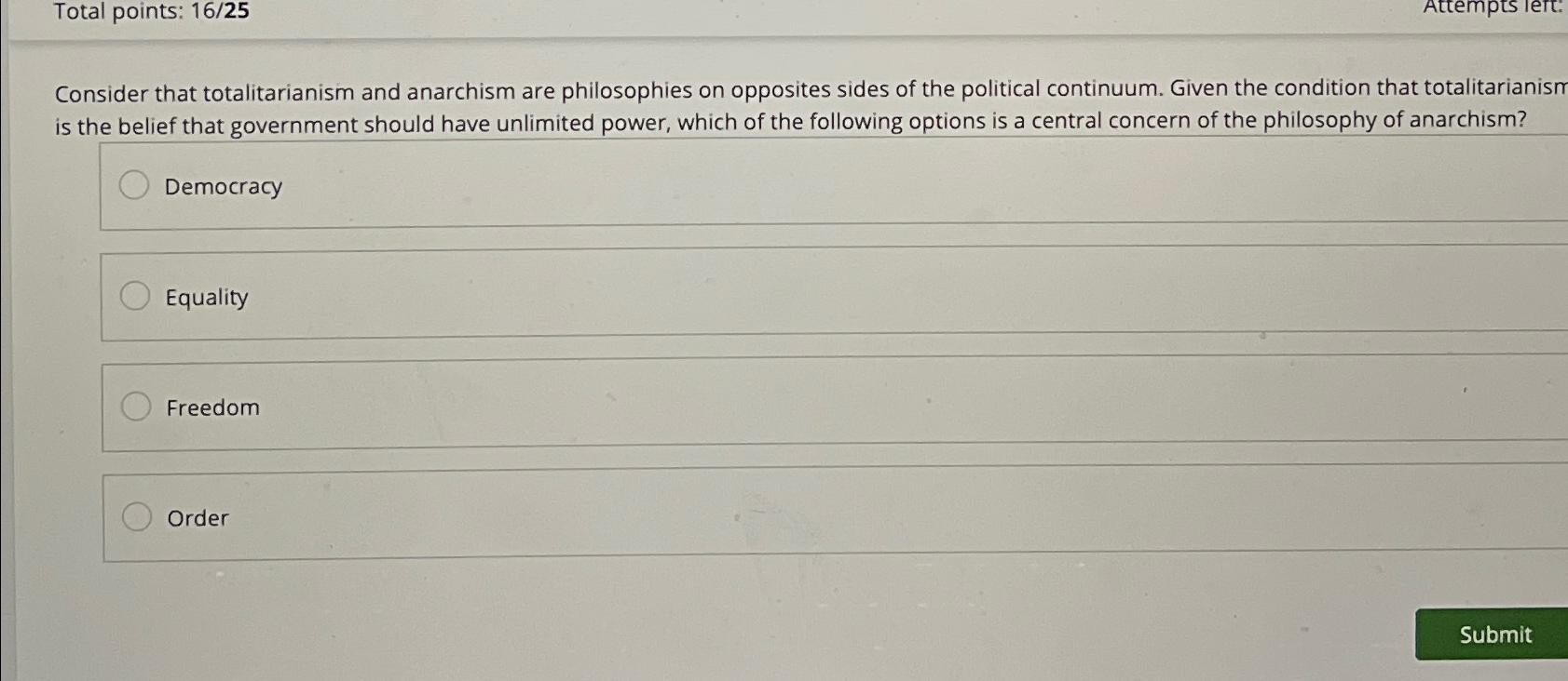  Total points: 1625 Consider that totalitarianism and anarchism are philosophies on