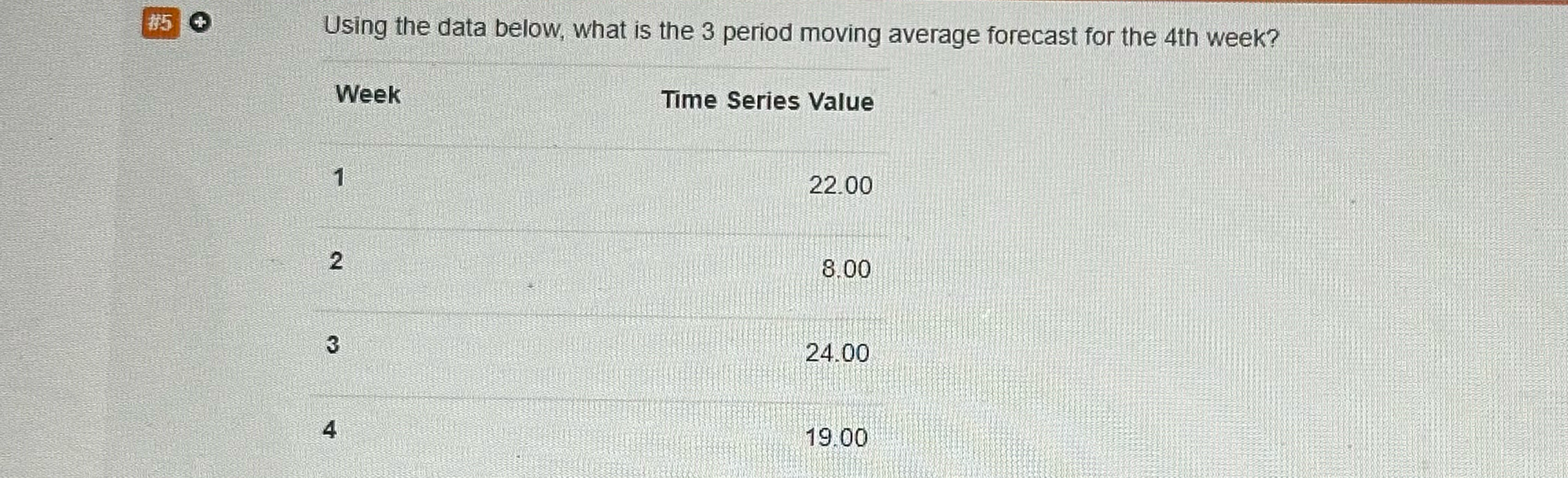  Using the data below, what is the 3 period moving average