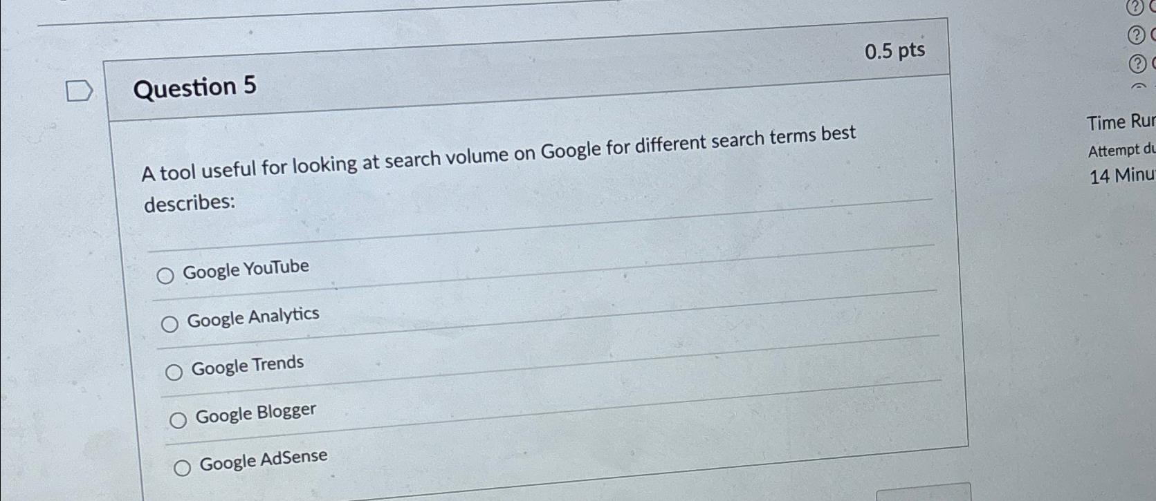  Question 5 A tool useful for looking at search volume on