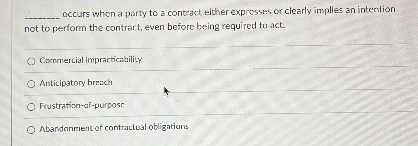  occurs when a party to a contract either expresses or clearly