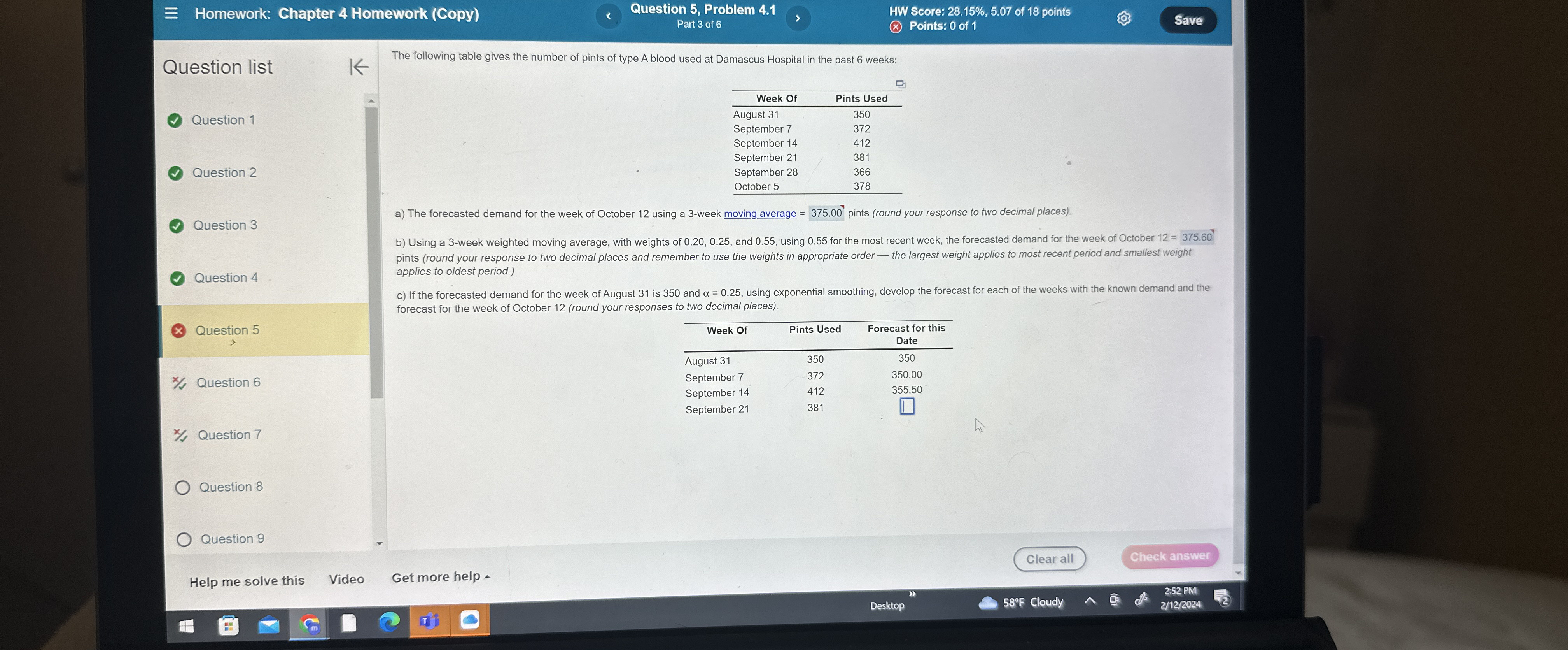  Question 5, Problem 4.1 HW Score: 28.15%,5.07 of 18 points Part