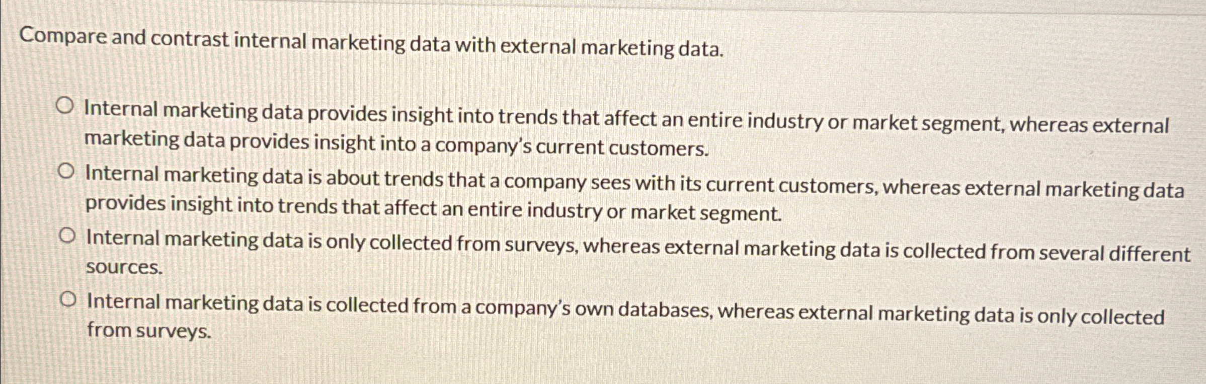  Compare and contrast internal marketing data with external marketing data. Internal