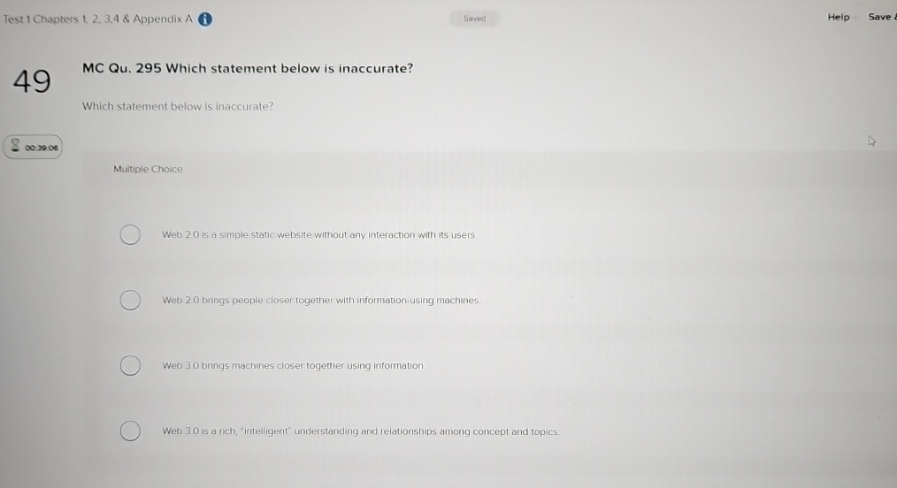  Test 1 Chapters 1,2,3,4 & Appendix A (i) Saved Help Save