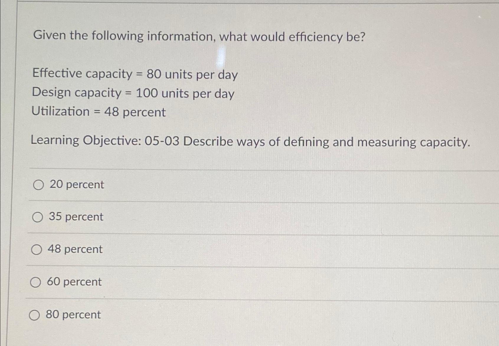 Given the following information, what would efficiency be? Effective capacity =80