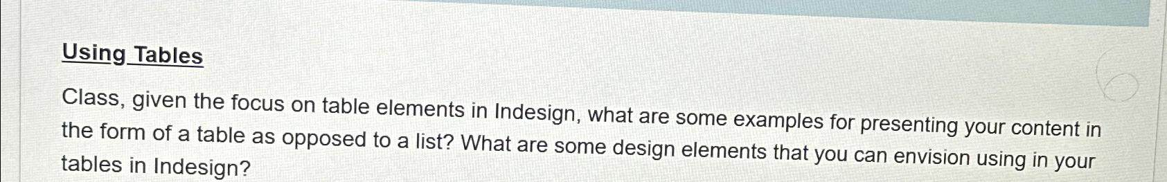  Using Tables Class, given the focus on table elements in Indesign,