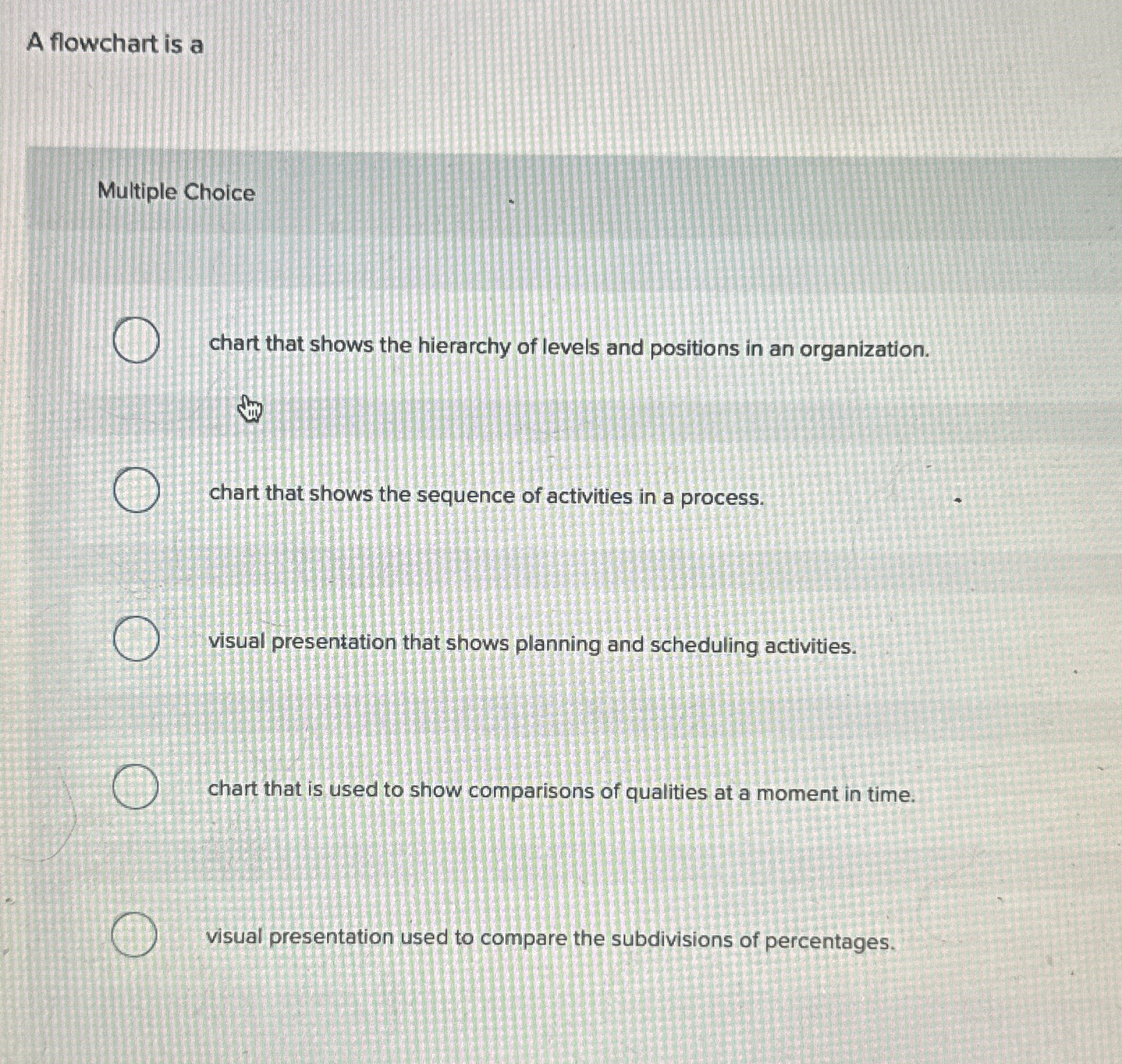  A flowchart is a Multiple Choice chart that shows the hierarchy