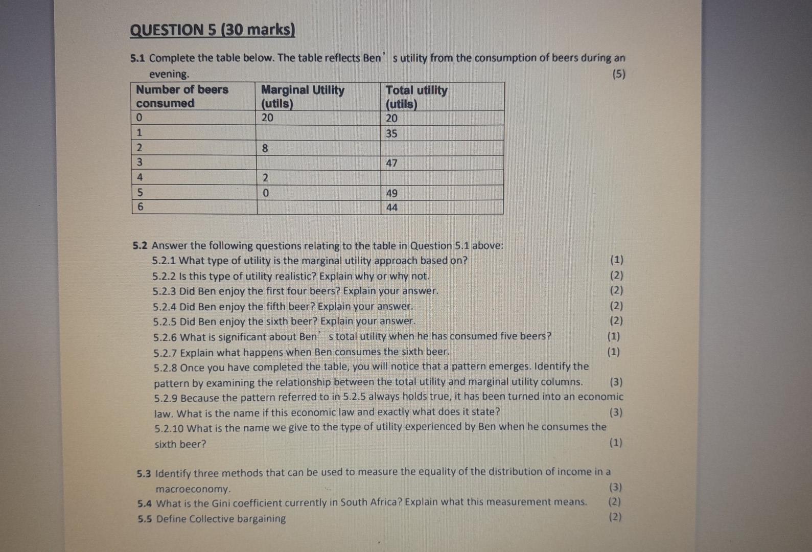  5.1 Complete the table below. The table reflects Ben's sutility from