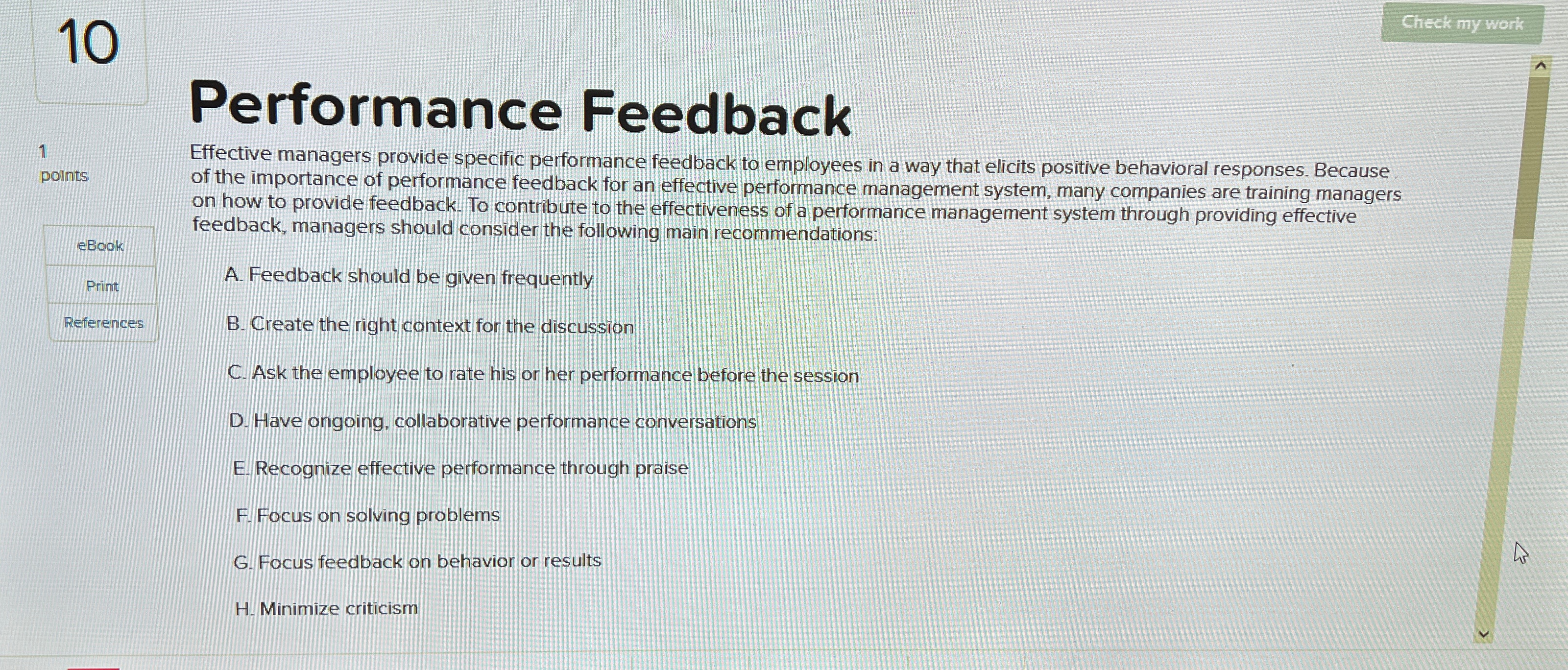  10 Chcek my work Performance Feedback 1 points eBook Print References