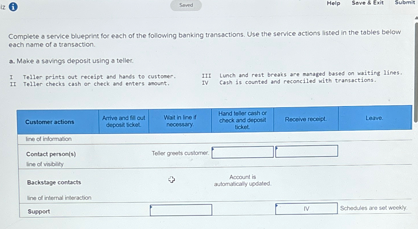  Help Save & Exit Submit Complete a service blueprint for each