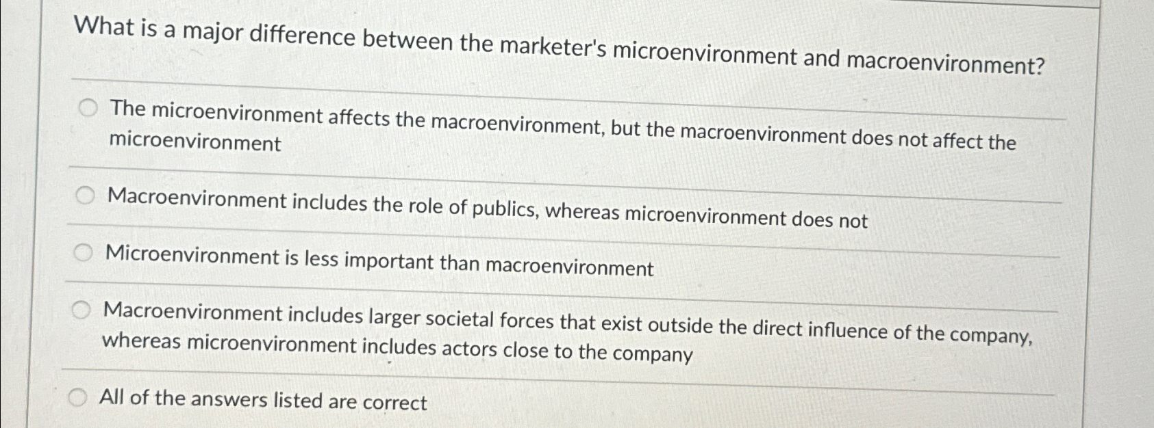  What is a major difference between the marketer's microenvironment and macroenvironment?