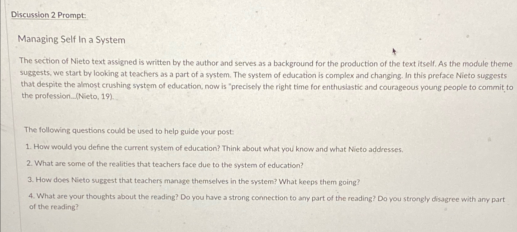  Discussion 2 Prompt: Managing Self In a System The section of