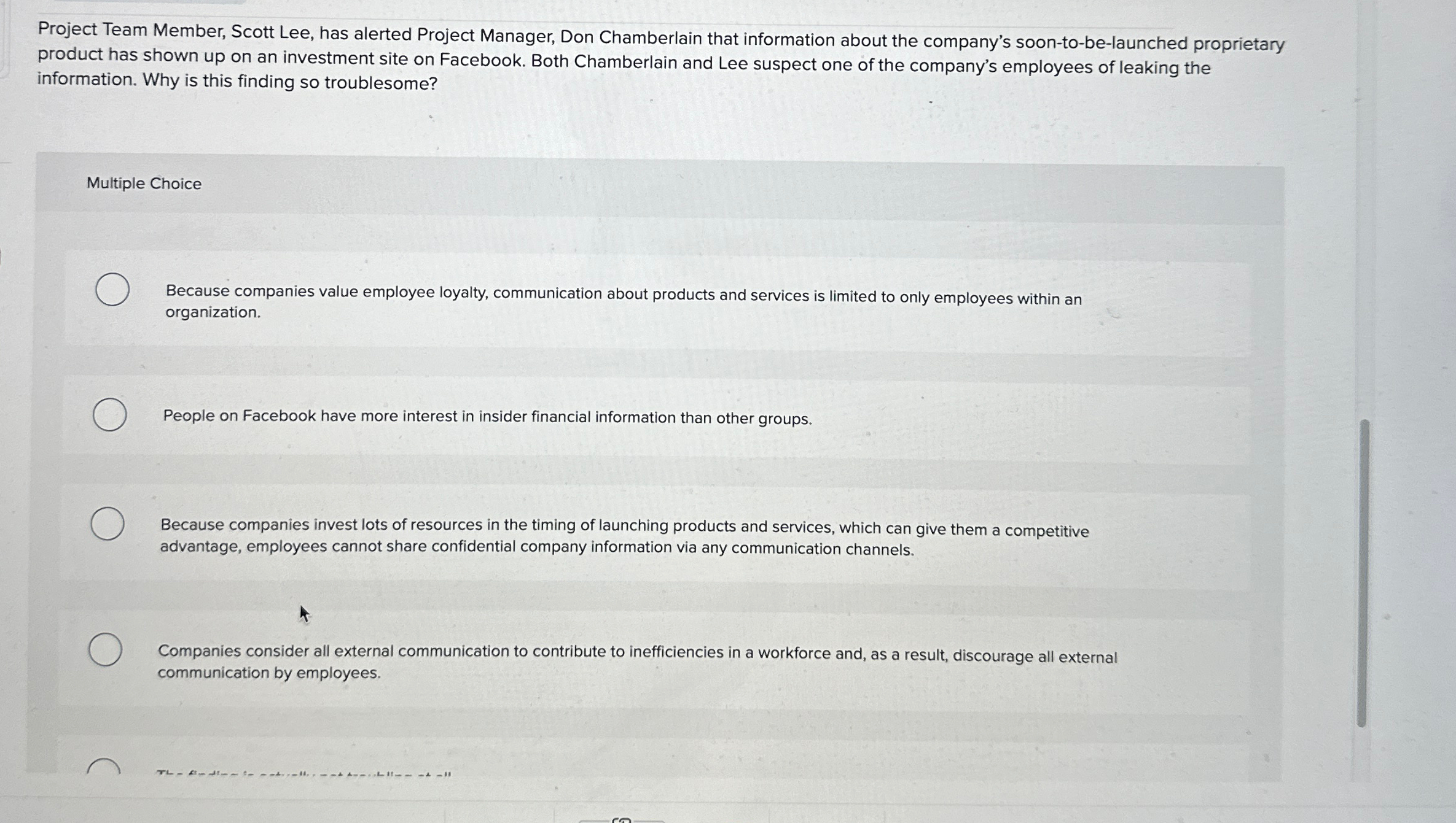  Project Team Member, Scott Lee, has alerted Project Manager, Don Chamberlain