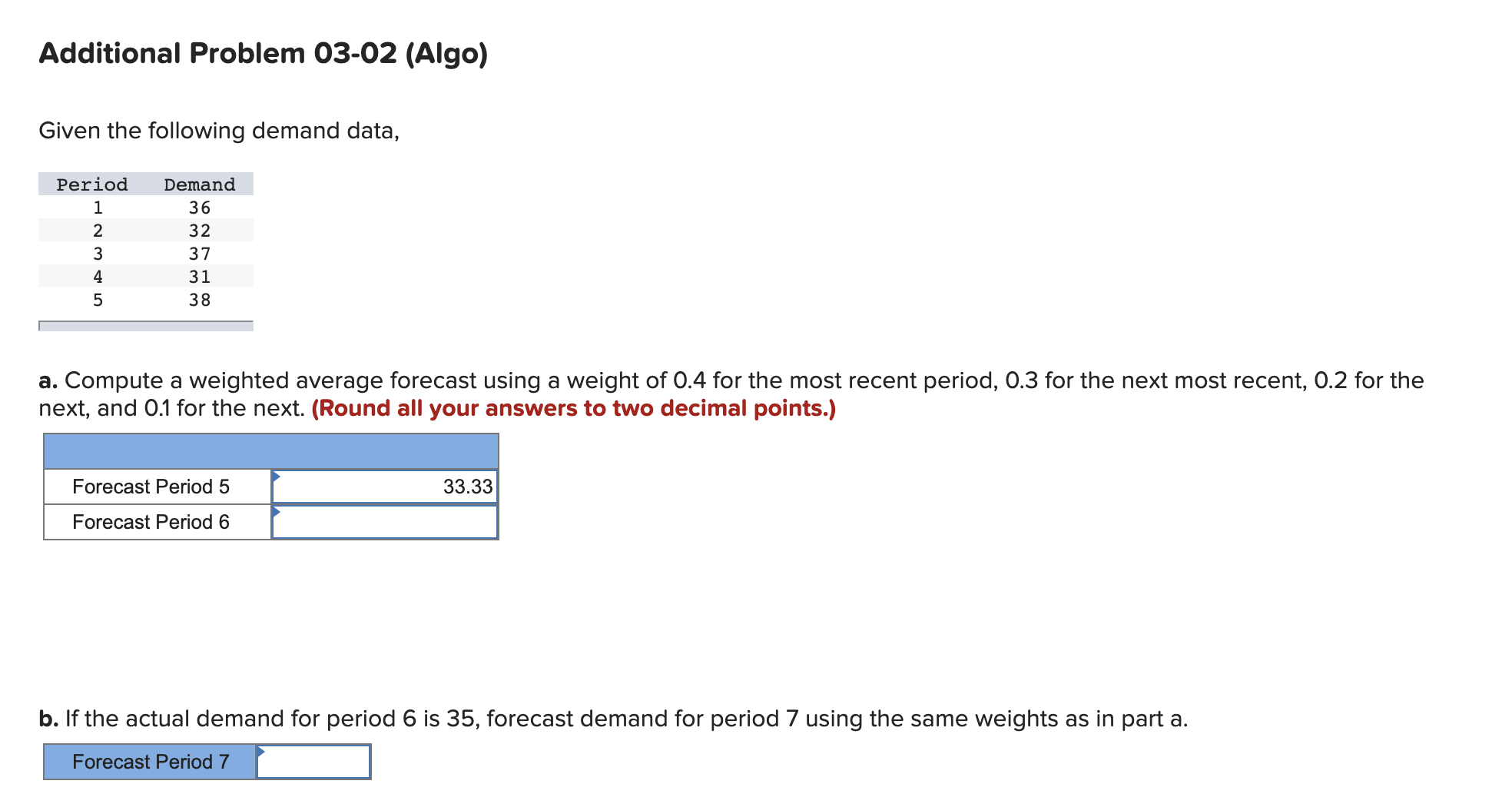  Additional Problem 03-02 (Algo) Given the following demand data, a. Compute
