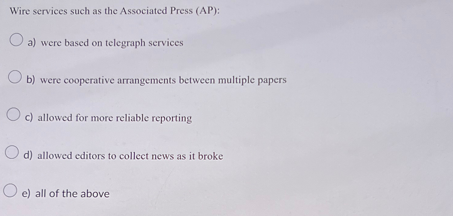  Wire services such as the Associated Press (AP): a) were based