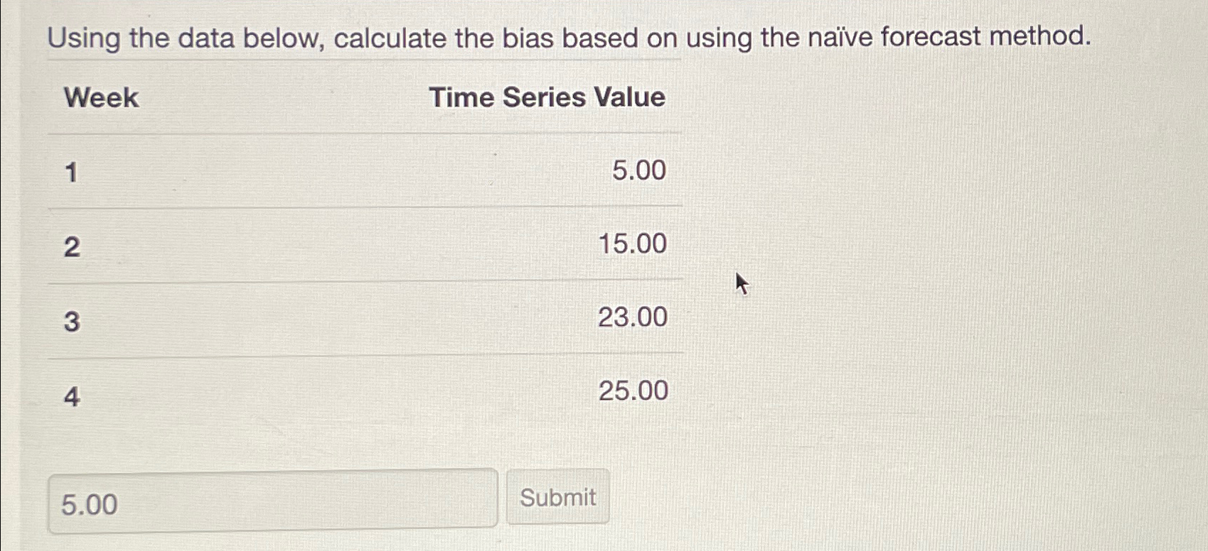  Using the data below, calculate the bias based on using the