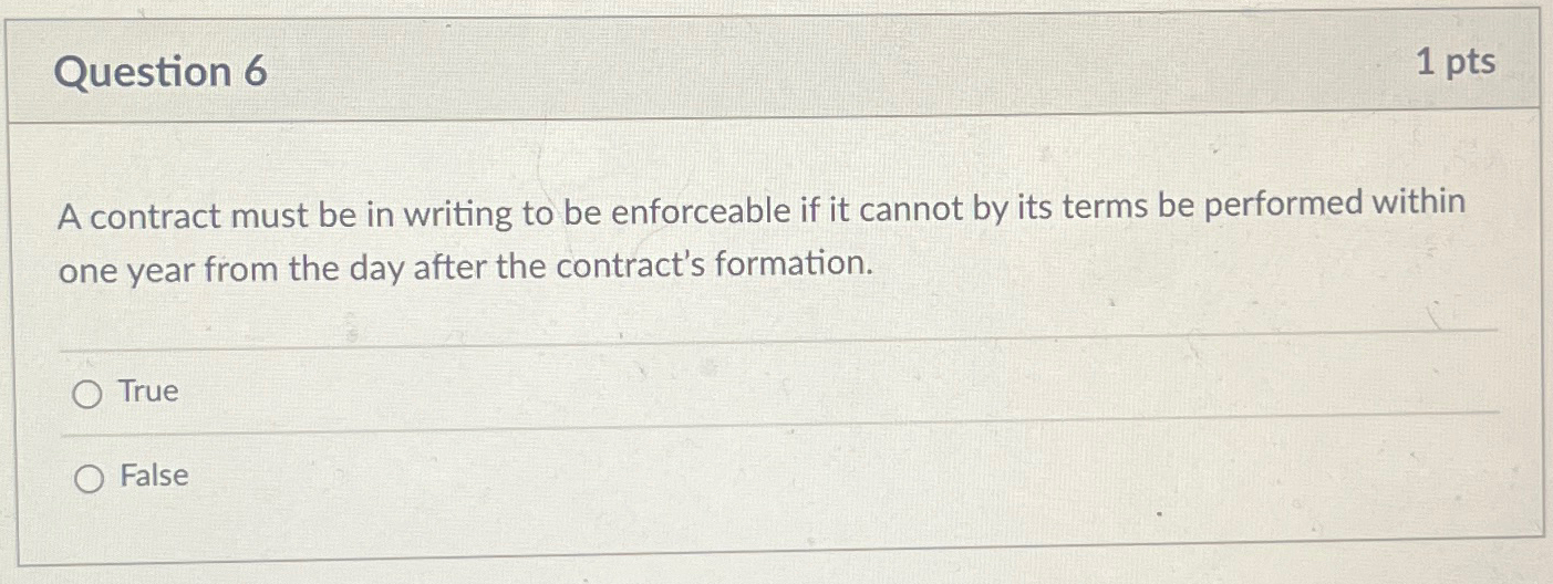 Question 6 1 pts A contract must be in writing to