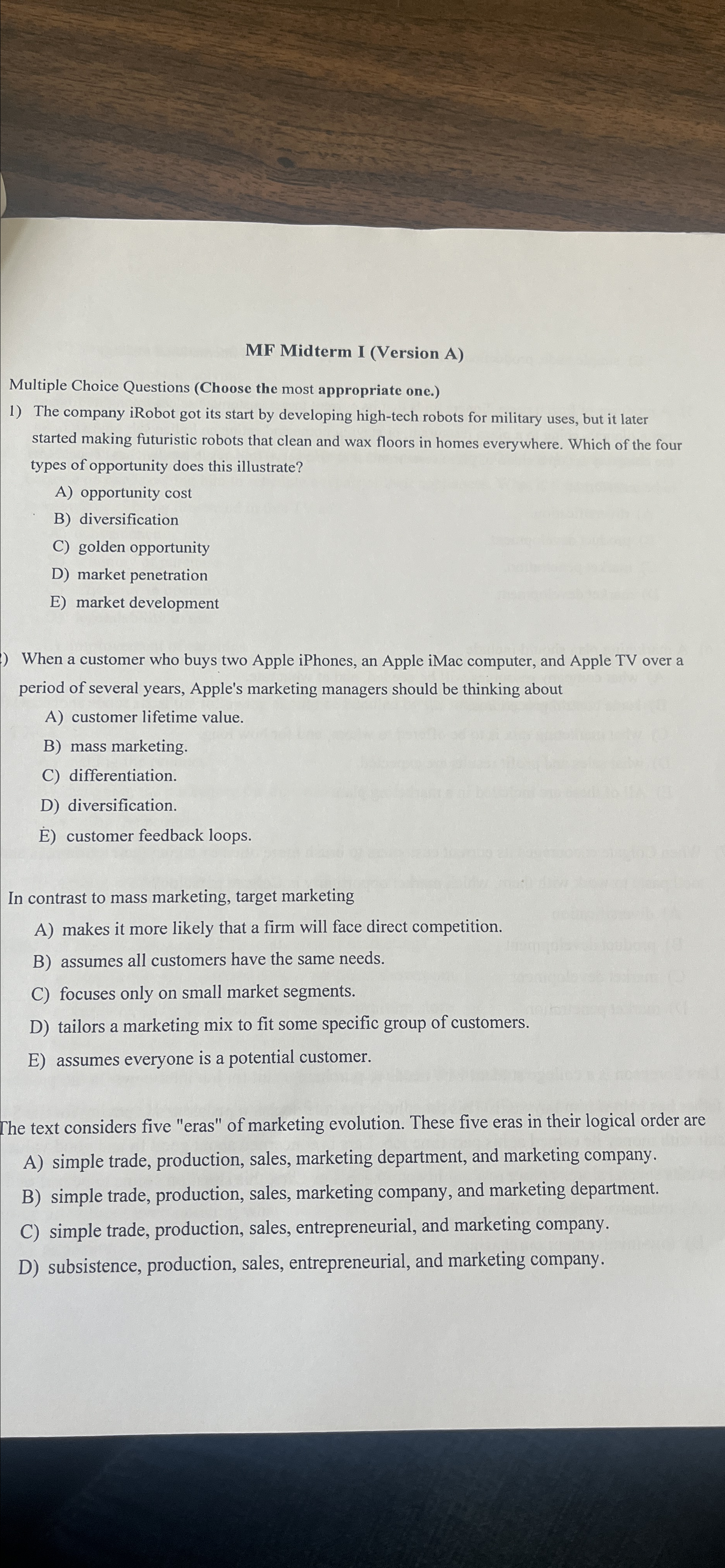  MF Midterm I (Version A) Multiple Choice Questions (Choose the most