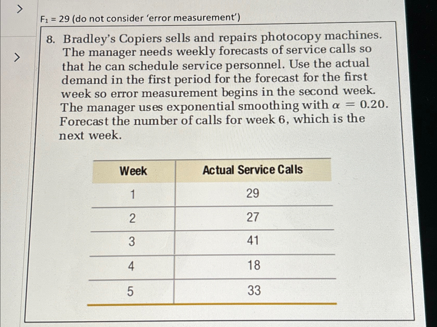  F1=29(do not consider 'error measurement') 8. Bradley's Copiers sells and repairs