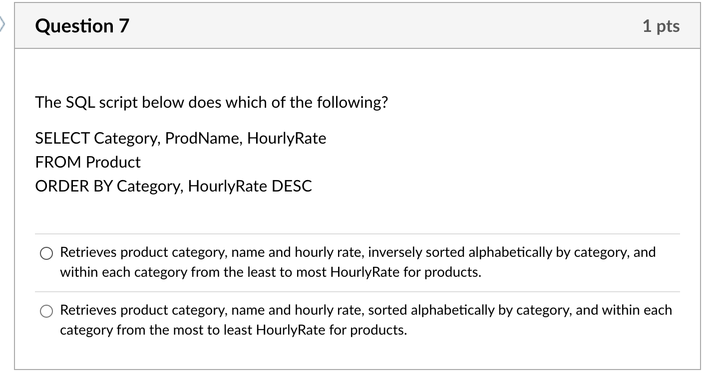  The SQL script below does which of the following? SELECT Category,