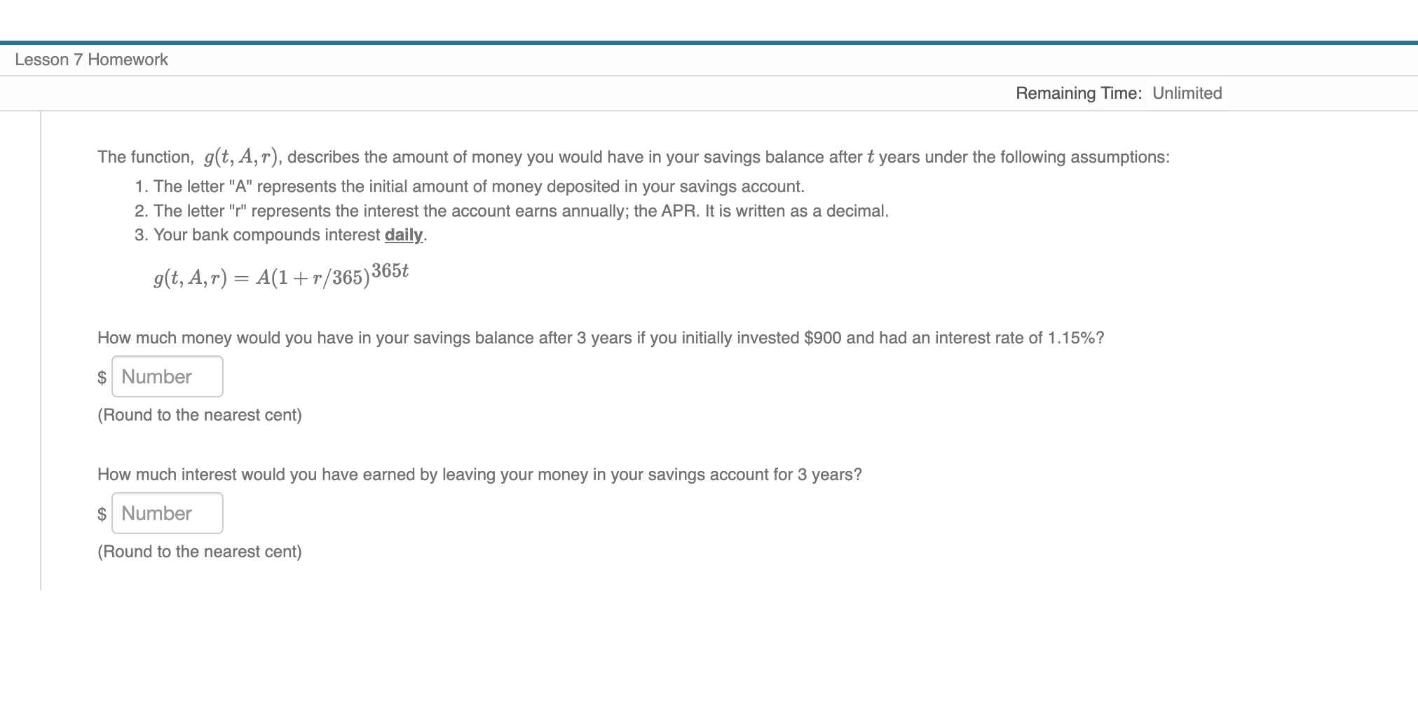  Lesson 7 Homework Remaining Time: Unlimited The function, g(t, A, 1"),