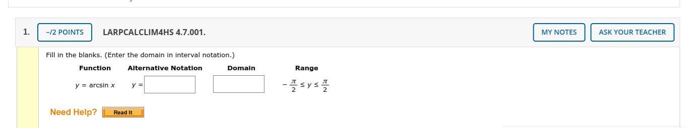 I need help solving this problem 1 -/2 POINTS LARPCALCLIM4HS 4.7.001. MY