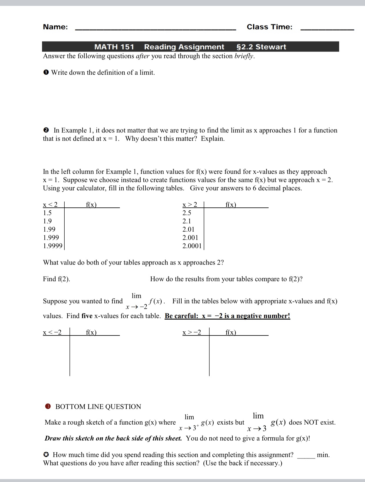 plssss help me with number 2 Name: Class Time: MATH 151 Reading