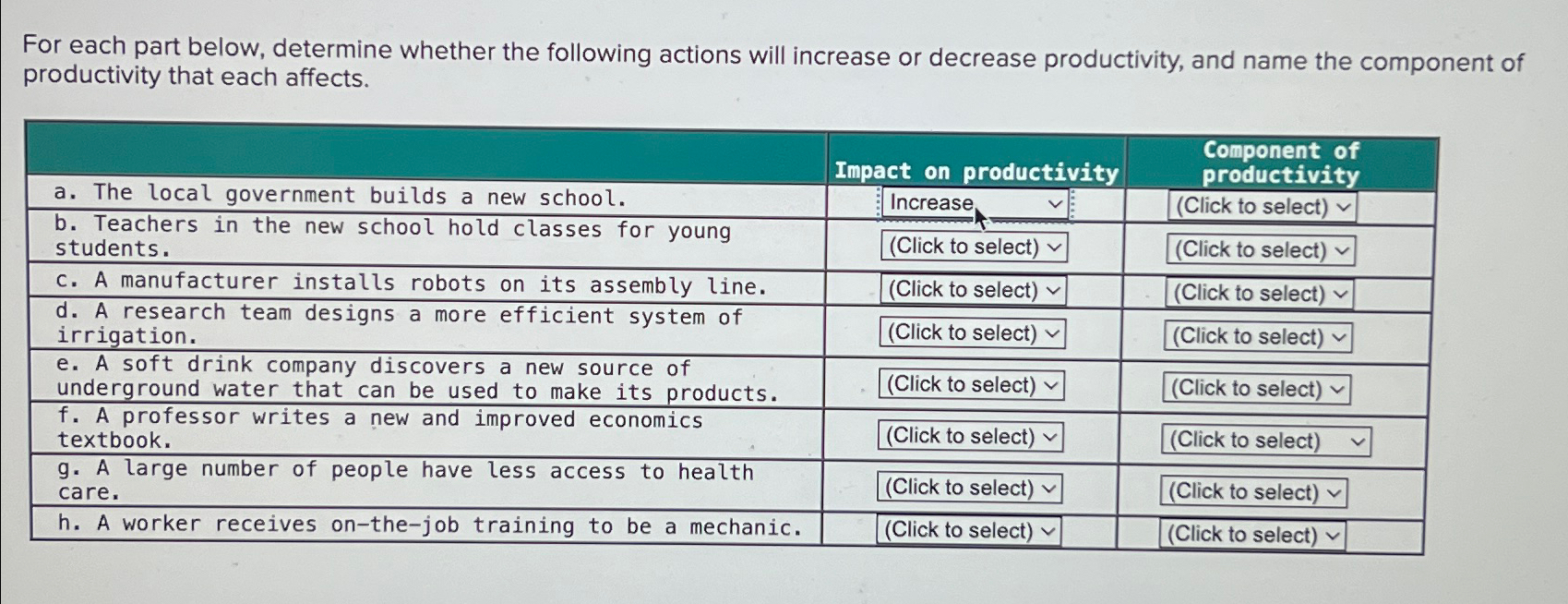  For each part below, determine whether the following actions will increase
