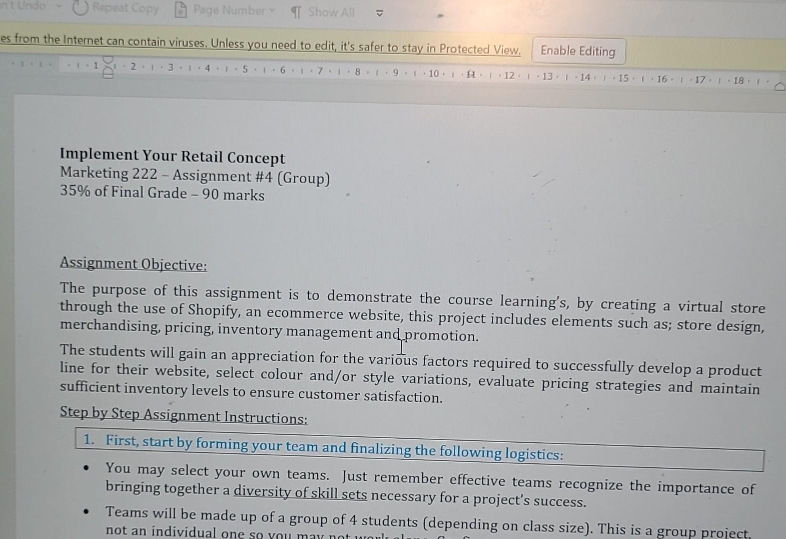Implement Your Retail Concept Marketing 222 Assignment #4 (Group) 35% of Final