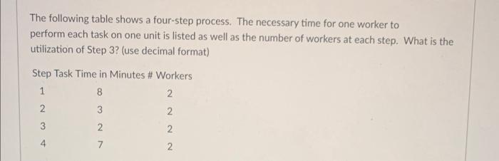  The following table shows a four-step process. The necessary time for