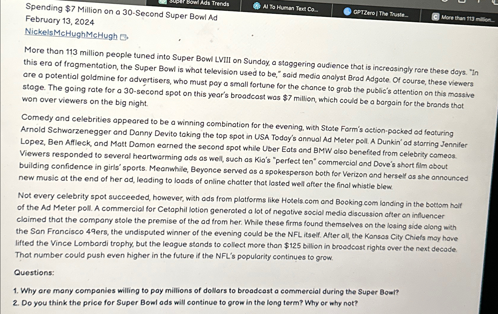  Spending $7 Million on a 30-Second Super Bowl Ad February 13,2024