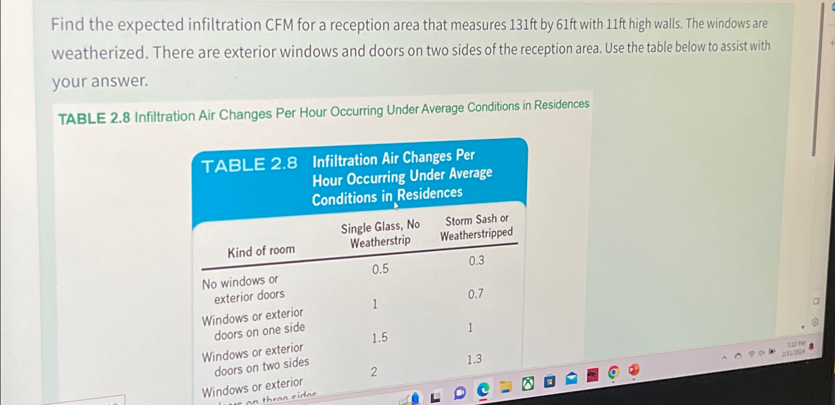  Find the expected infiltration CFM for a reception area that measures