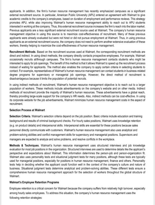 answer ALL the questions that follow: Walmart's HRM: Recruitment, Selection, Employee Retention