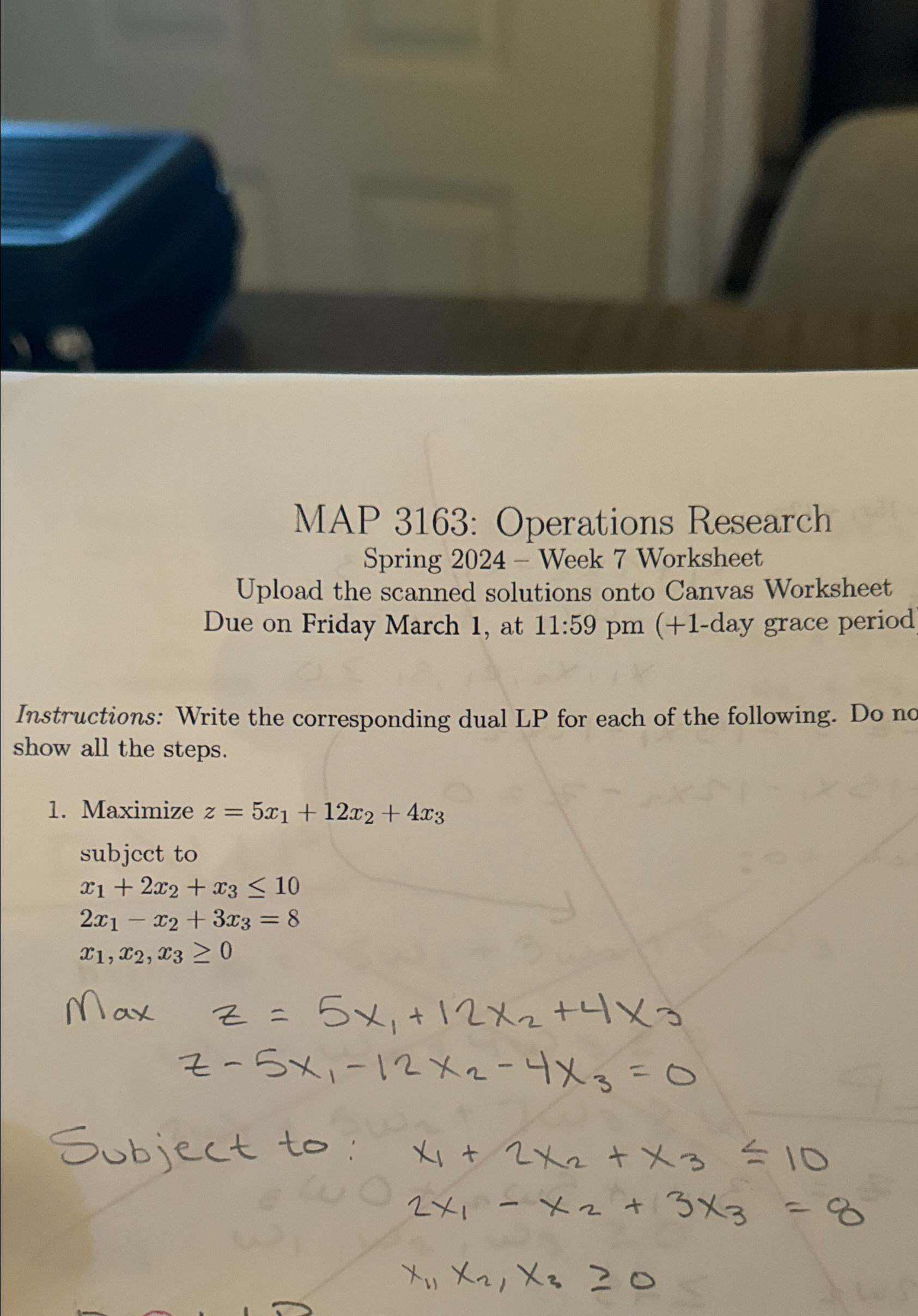  MAP 3163: Operations Research Spring 2024- Week 7 Worksheet Upload the