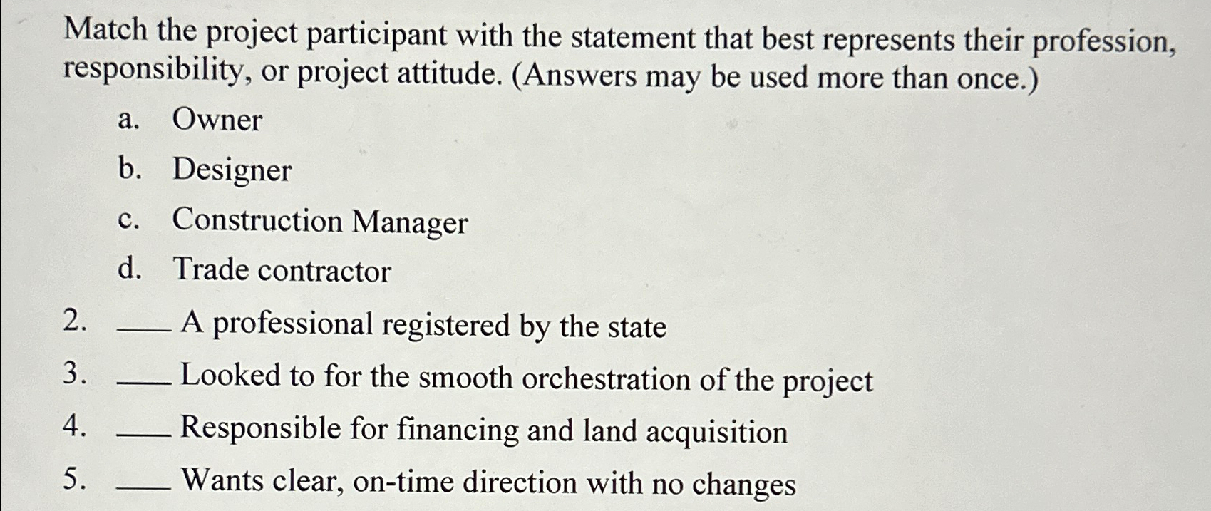  Match the project participant with the statement that best represents their