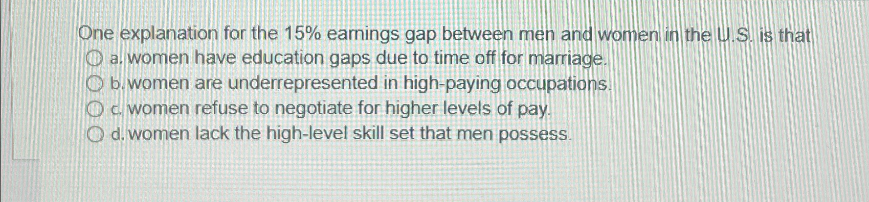  One explanation for the 15% earnings gap between men and women
