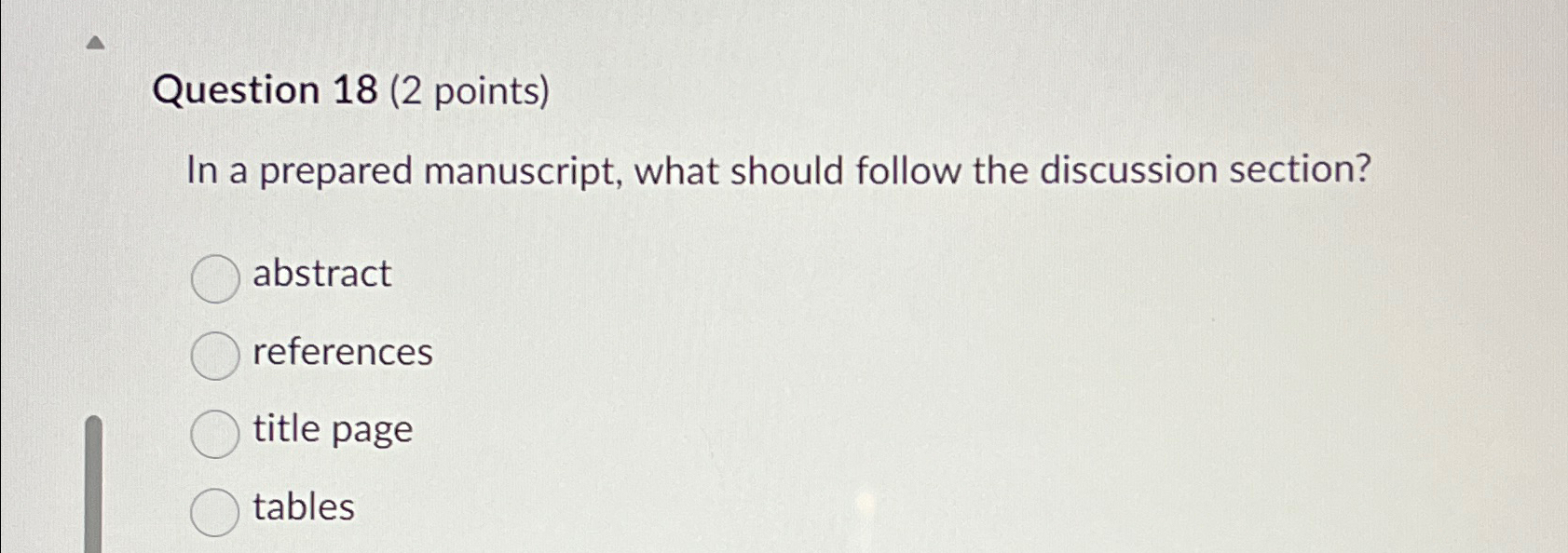  Question 18(2 points) In a prepared manuscript, what should follow the