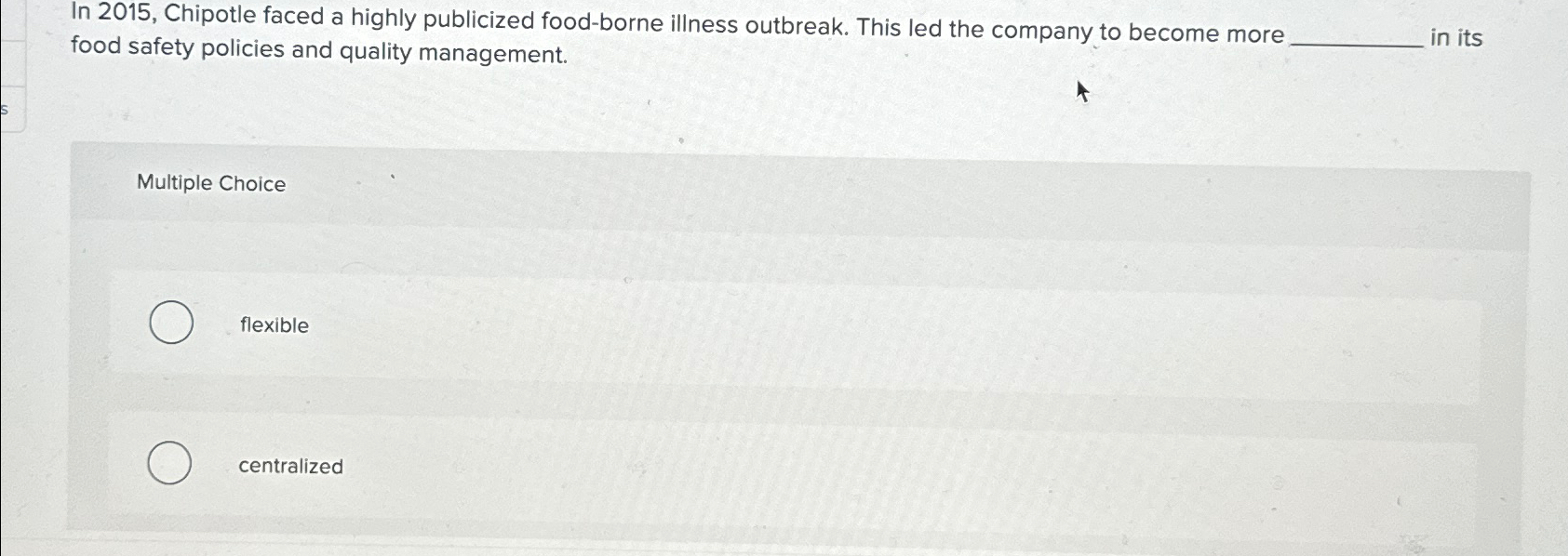  In 2015, Chipotle faced a highly publicized food-borne illness outbreak. This