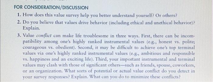  FOR CONSIDERATION/DISCUSSION 1. How does this value survey help you better