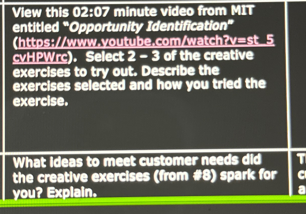  \table[[]] What ideas to meet customer needs did the creative exercises