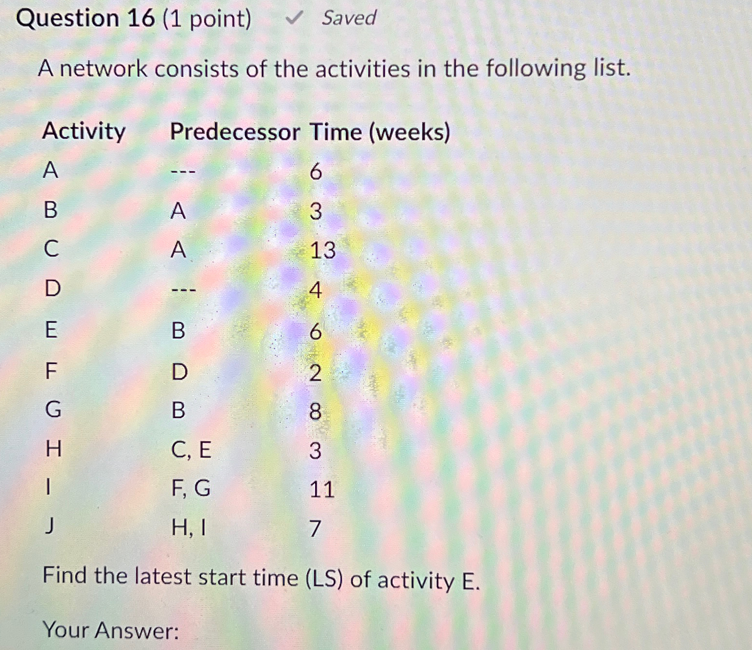  Question 16(1 point) Saved A network consists of the activities in