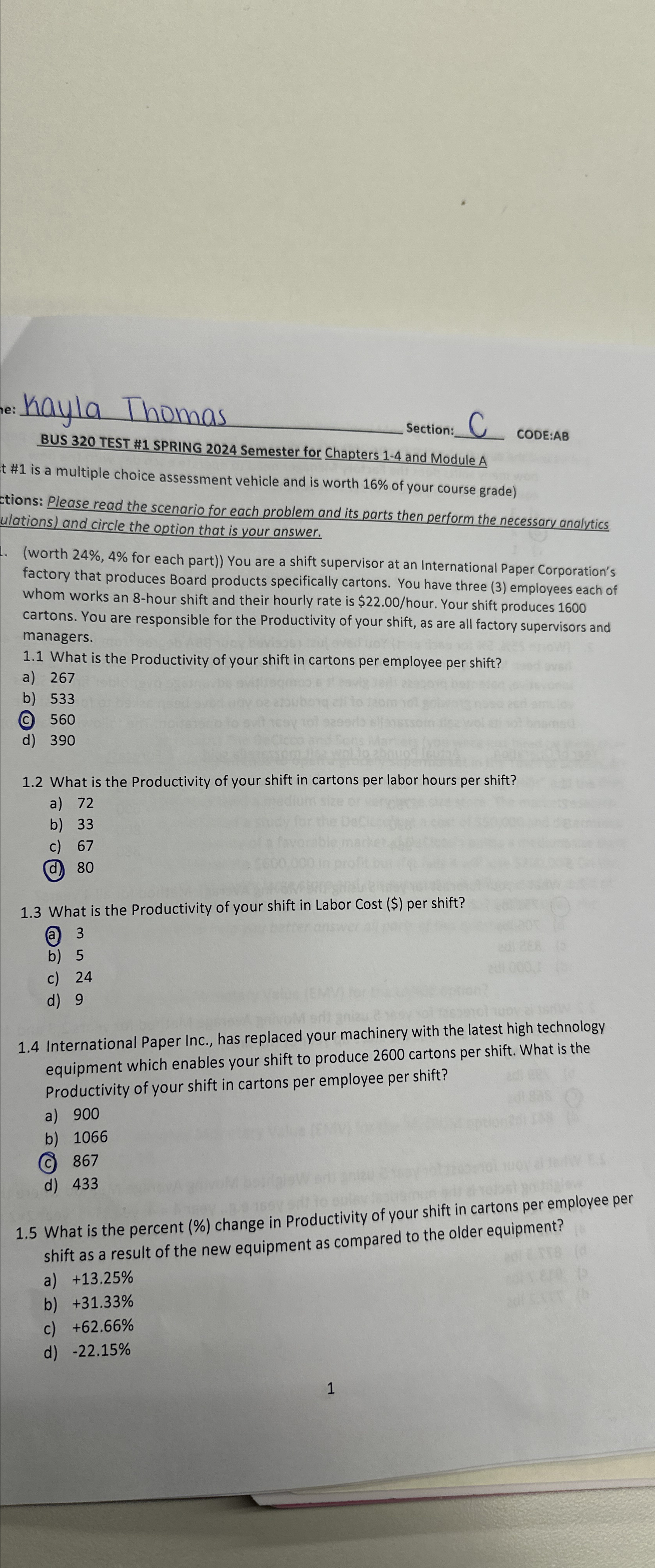  Kayla Thomas Section: C CODE:AB BUS 320 TEST #1 SPRING 2024