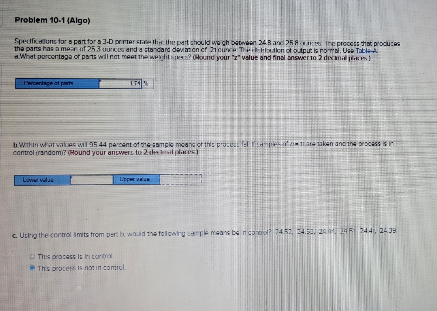  Problem 10-1(Algo) Specifications for a part for a 3-D printer state