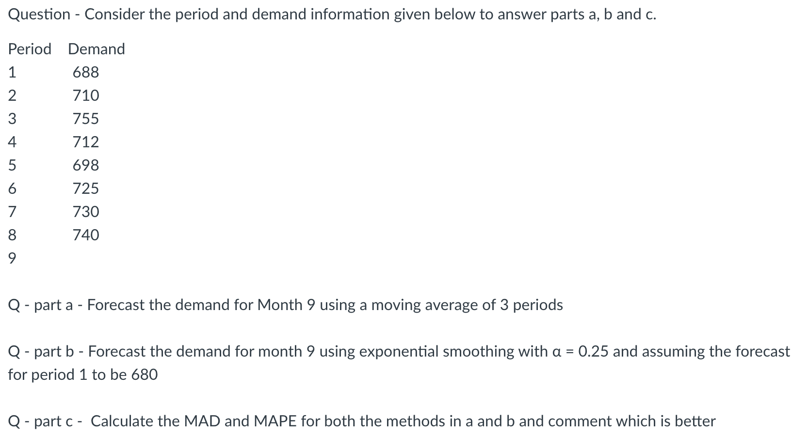 Question - Consider the period and demand information given below to